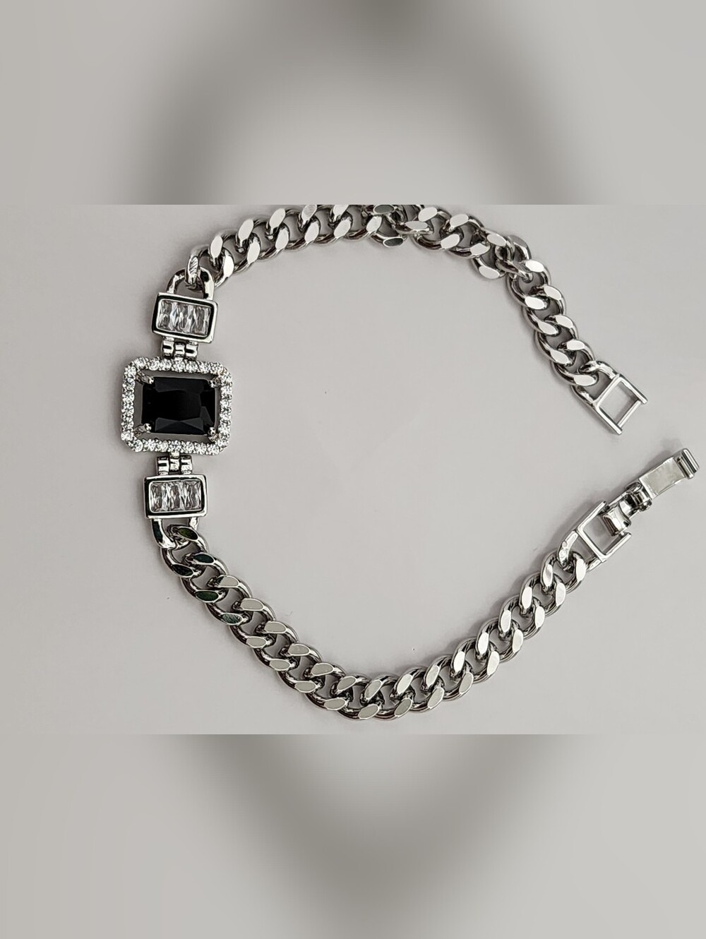 Silver Chain Bracelet with Black Center Cz Stone